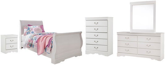Cama Anarasia Twin con dosel, tocador con espejo, arcón y mesita de noche