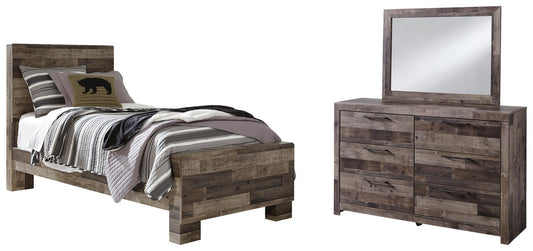 Cama doble con paneles y tocador con espejo Derekson