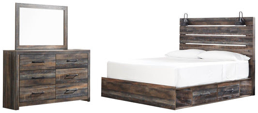Cama King con dos cajones de almacenamiento y tocador con espejo Drystan
