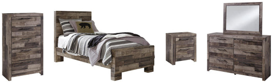 Cama doble con paneles Derekson, tocador con espejo, cómoda y mesita de noche