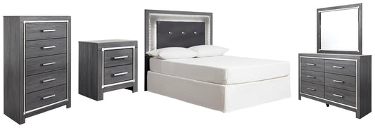 Cabecero de cama tapizado completo Lodanna con tocador con espejo, cómoda y mesita de noche