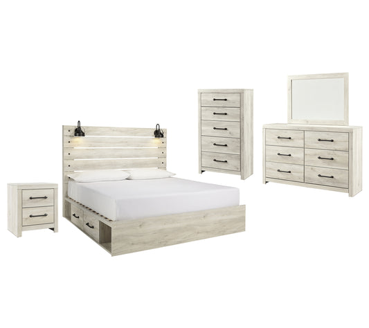 Cama King con 4 cajones de almacenamiento, tocador con espejo, cómoda y mesita de noche Cambeck