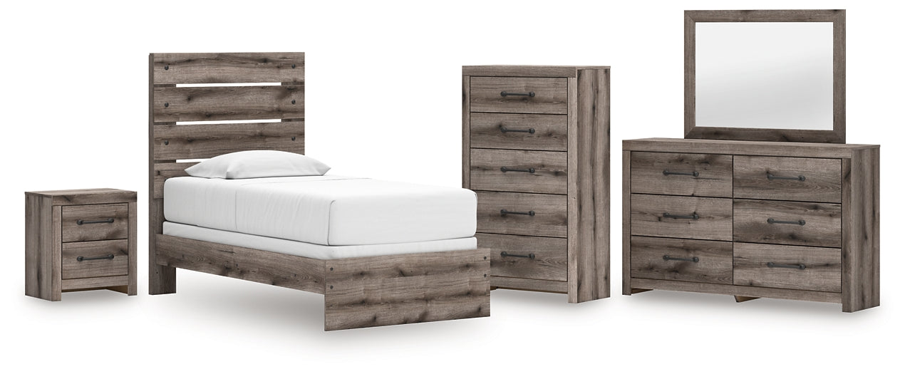 Graystorm Twin Panel Bed with Mirrored Dresser, Chest and Nightstand