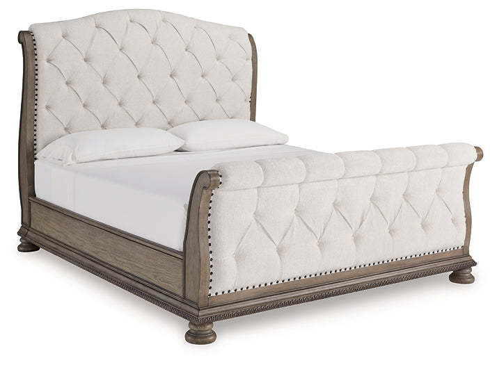 Ardenfield California King Upholstered Sleigh Bed with Mirrored Dresser and Nightstand