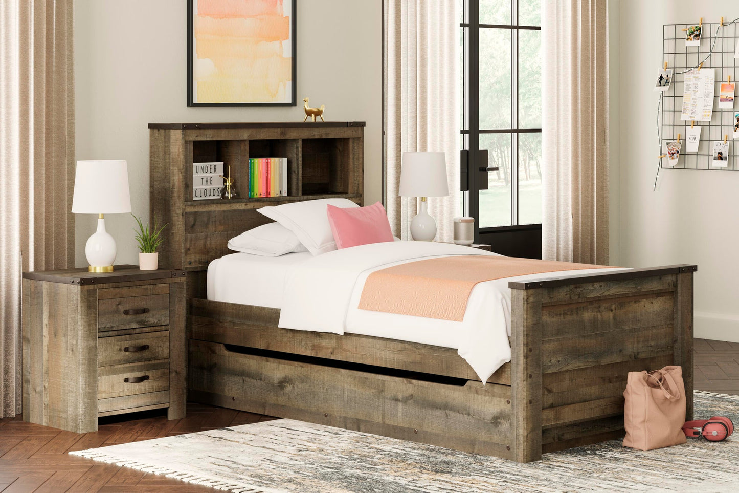 Cama con estantería doble Trinell y 1 cajón de almacenamiento grande