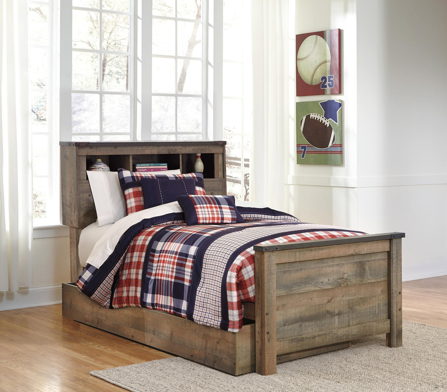 Cama con estantería doble Trinell y 1 cajón de almacenamiento grande