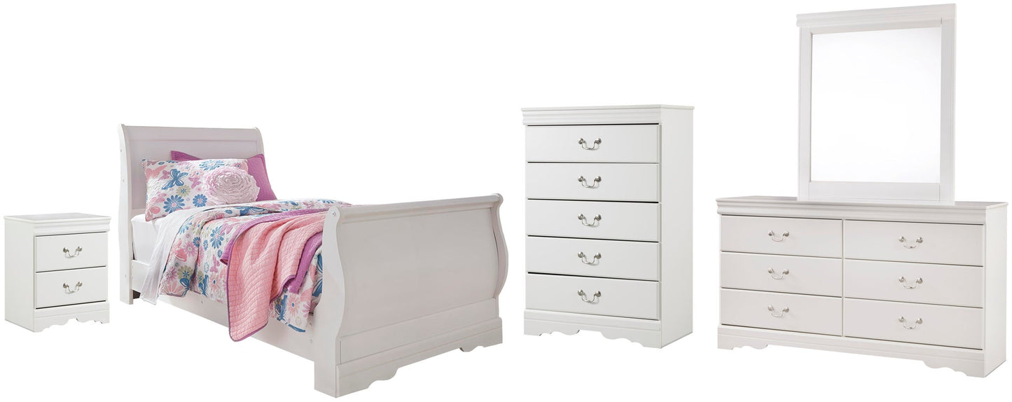 Cama Anarasia Twin con dosel, tocador con espejo, arcón y mesita de noche