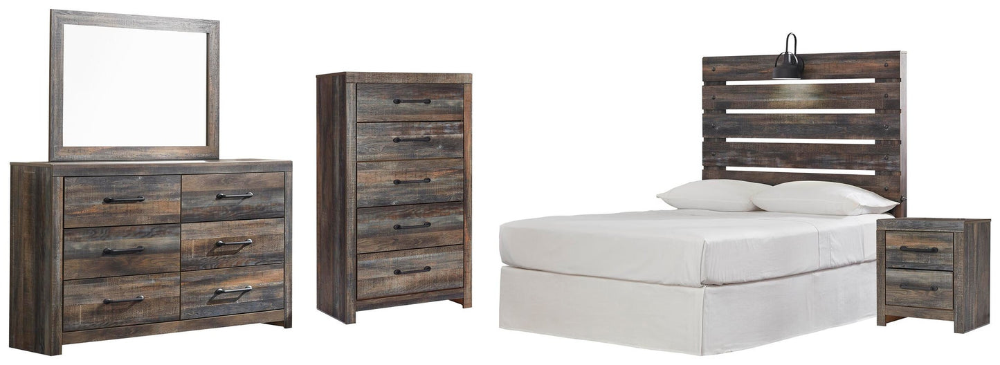 Cabecero de cama Drystan de panel completo con tocador con espejo, cómoda y mesita de noche