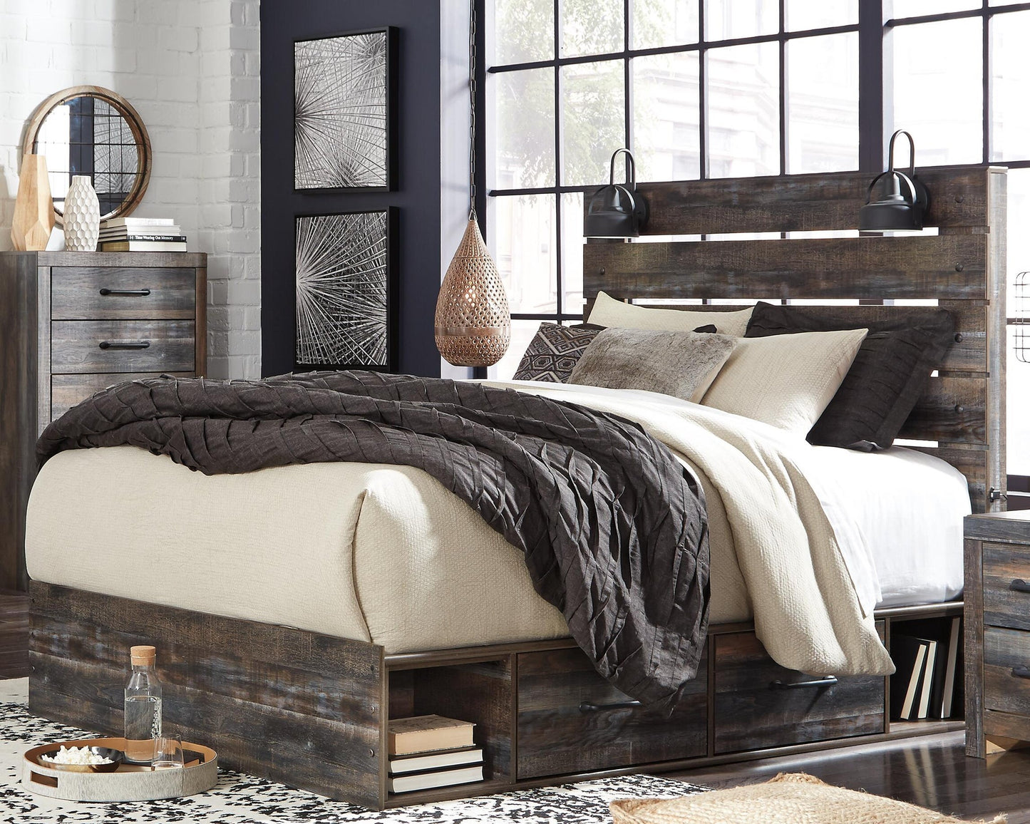Cama Queen Drystan con 4 cajones de almacenamiento, tocador con espejo, cómoda y mesita de noche