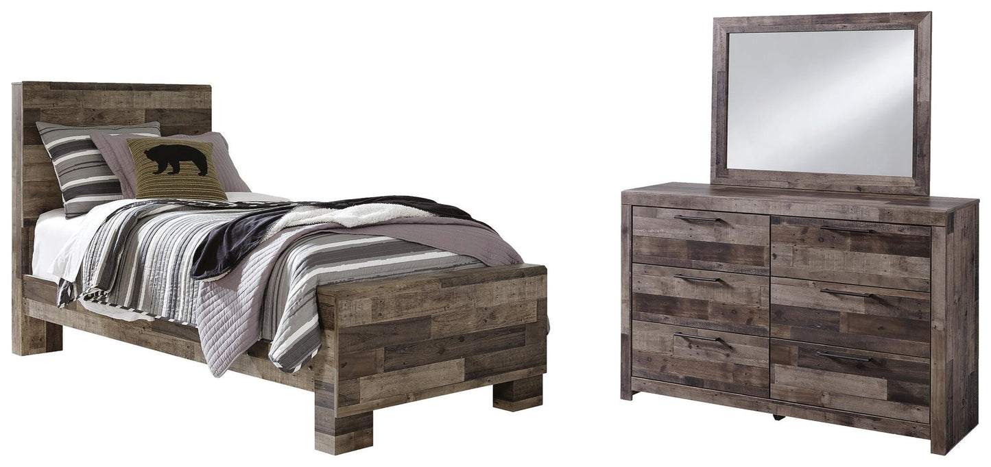Cama doble con paneles y tocador con espejo Derekson