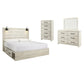 Cama King con dos cajones de almacenamiento, tocador con espejo, cómoda y mesita de noche Cambeck