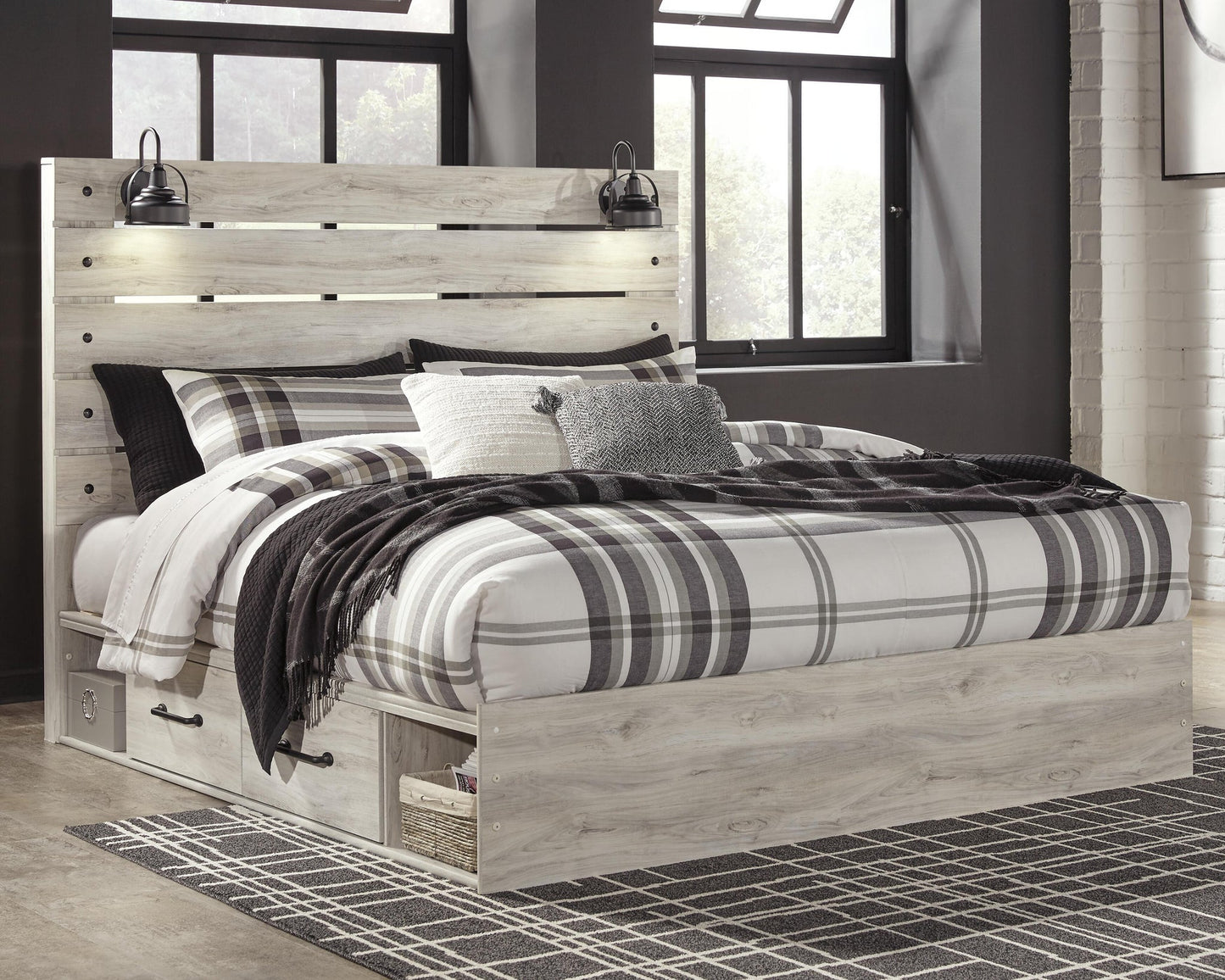 Cama King con dos cajones de almacenamiento, tocador con espejo, cómoda y mesita de noche Cambeck