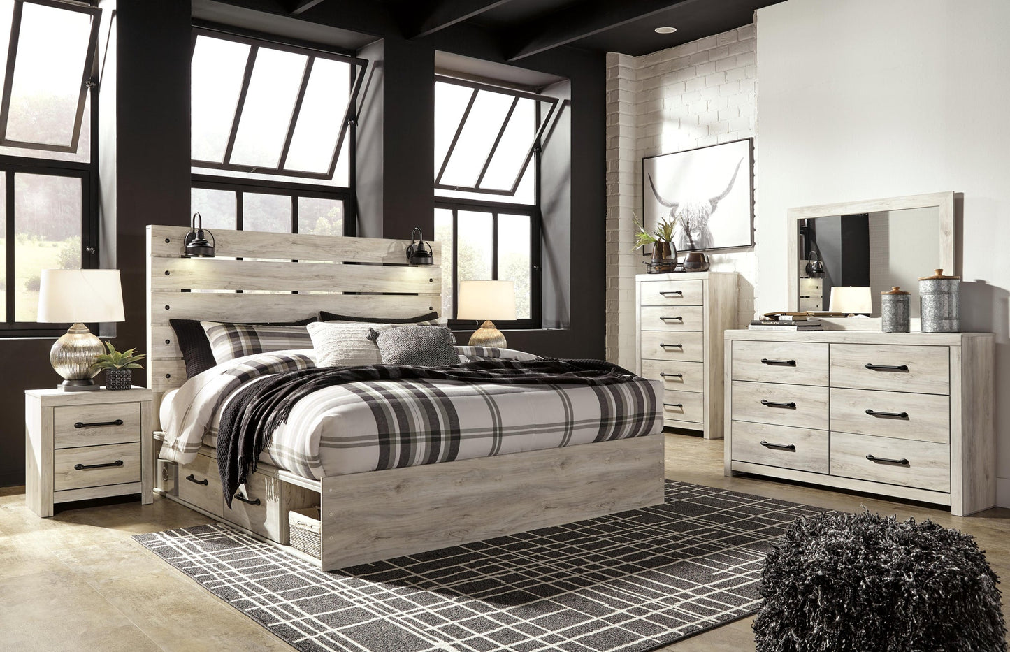 Cama King con 4 cajones de almacenamiento, tocador con espejo, cómoda y mesita de noche Cambeck