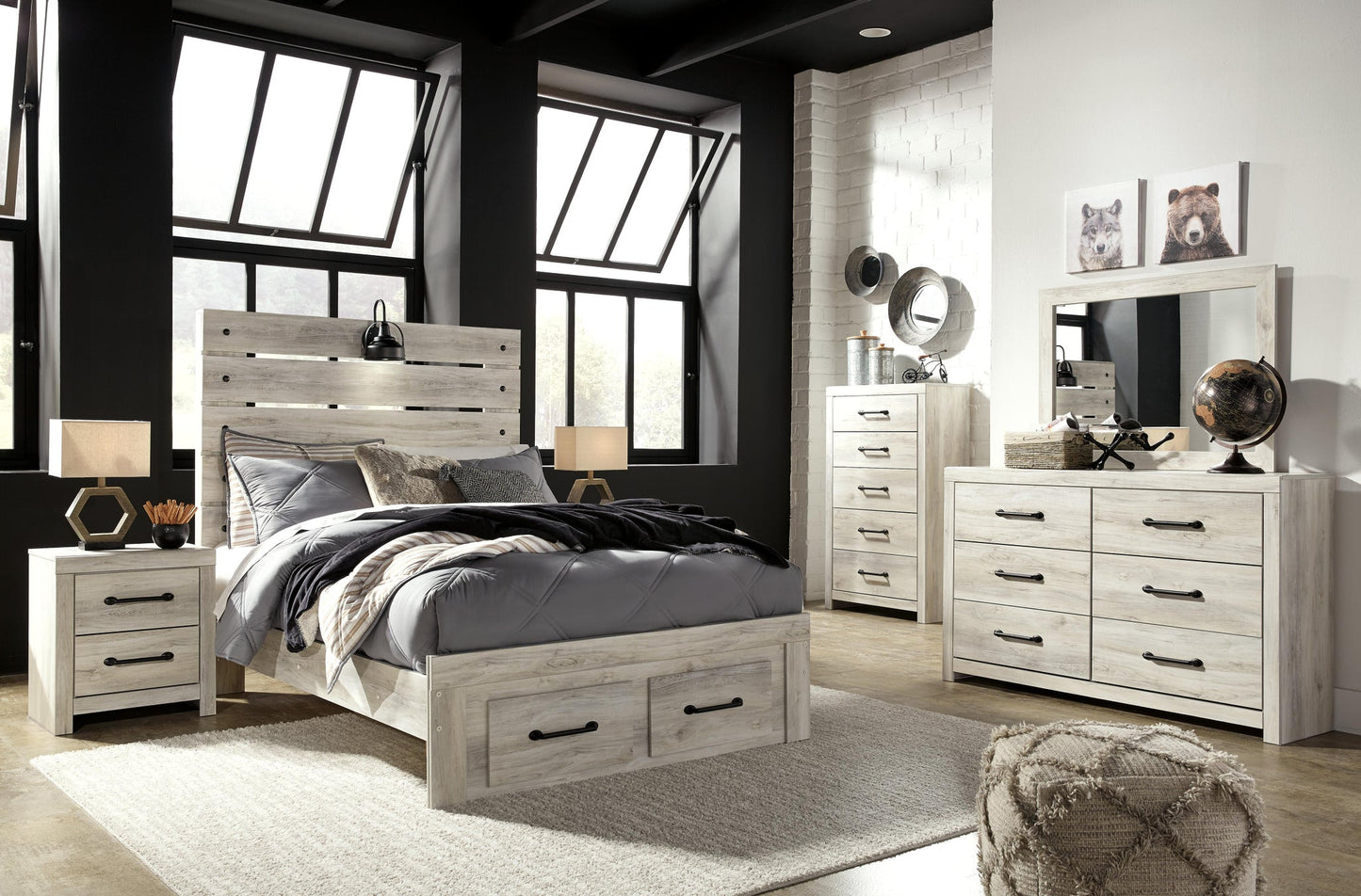 Cama de dos plazas Cambeck con 4 cajones de almacenamiento, tocador con espejo, cómoda y mesita de noche