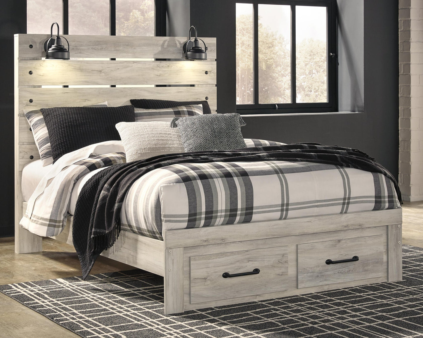 Cama con paneles Cambeck con 2 cajones de almacenamiento y tocador con espejo