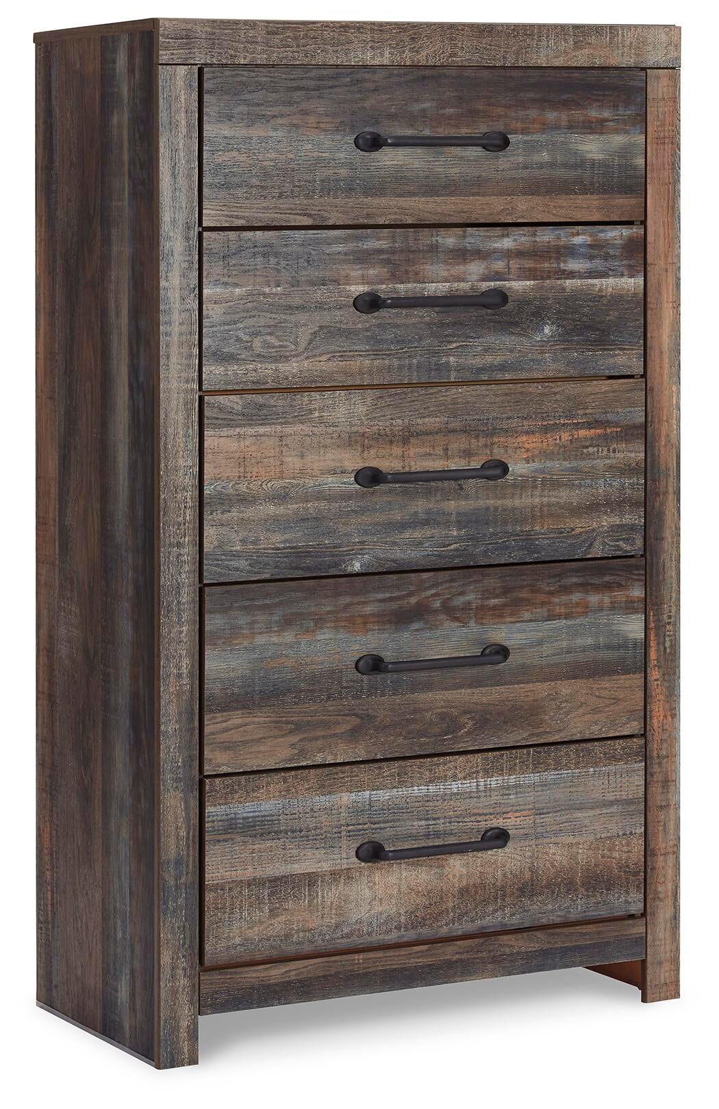Cama King con paneles Drystan, tocador con espejo, cómoda y mesita de noche