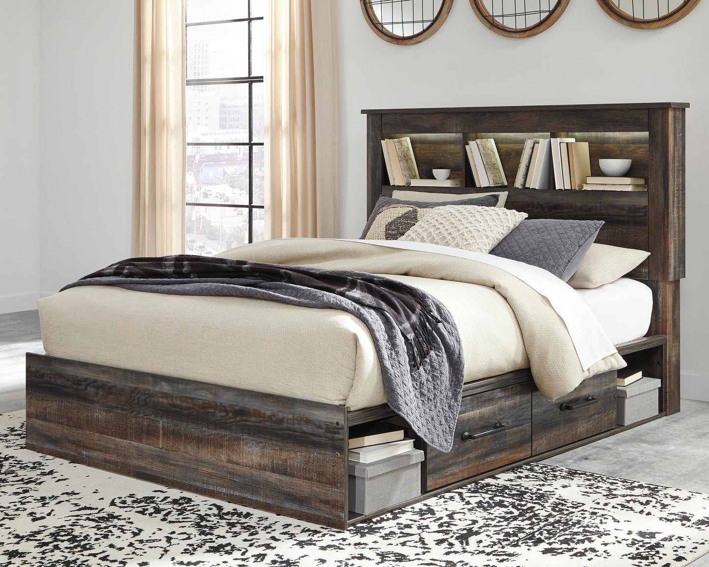Cama con estantería Drystan Queen con 2 cajones de almacenamiento, tocador con espejo, cómoda y mesita de noche