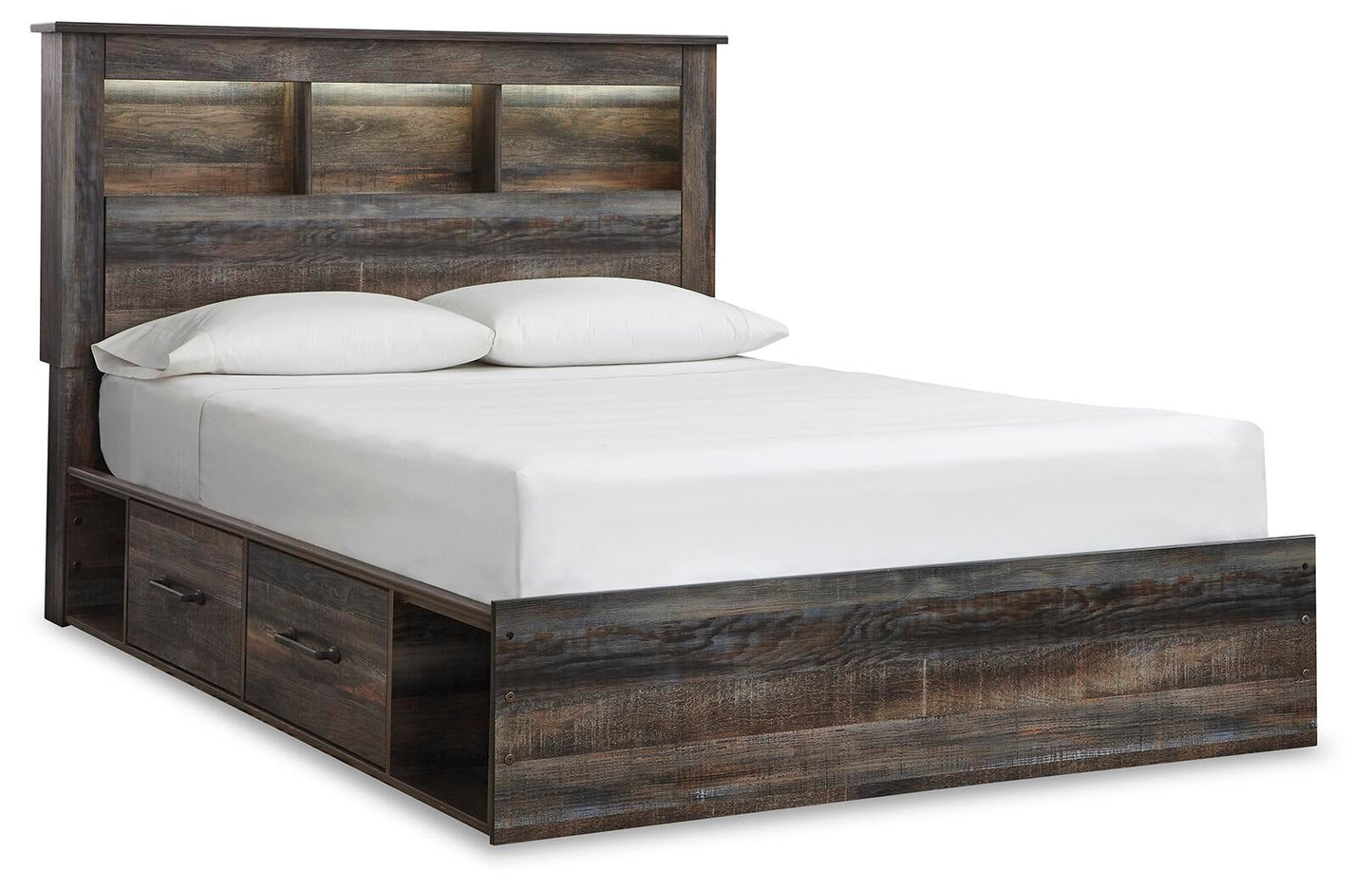 Cama con estantería Drystan Queen con 2 cajones de almacenamiento, tocador con espejo, cómoda y mesita de noche