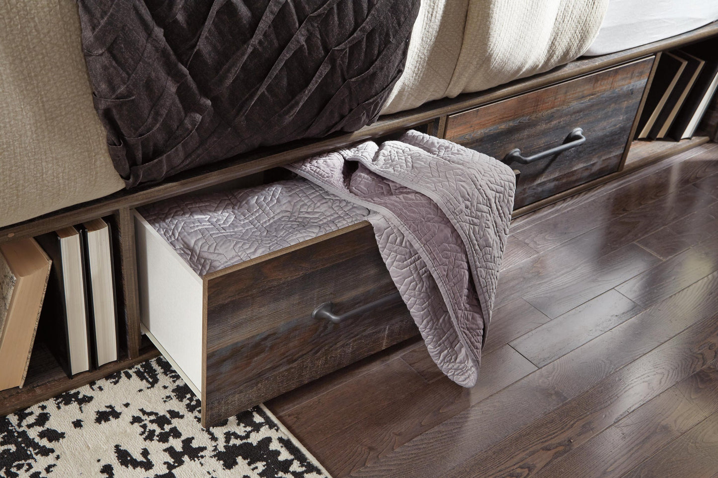 Cama con estantería Drystan Queen con 2 cajones de almacenamiento, tocador con espejo, cómoda y mesita de noche