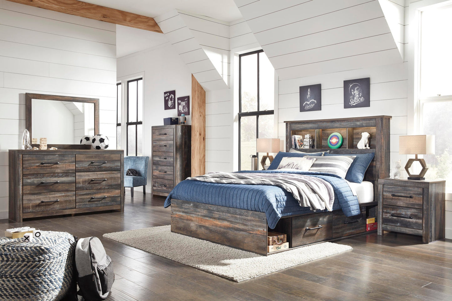 Cama con estantería completa Drystan con 4 cajones de almacenamiento, tocador con espejo, cómoda y mesita de noche