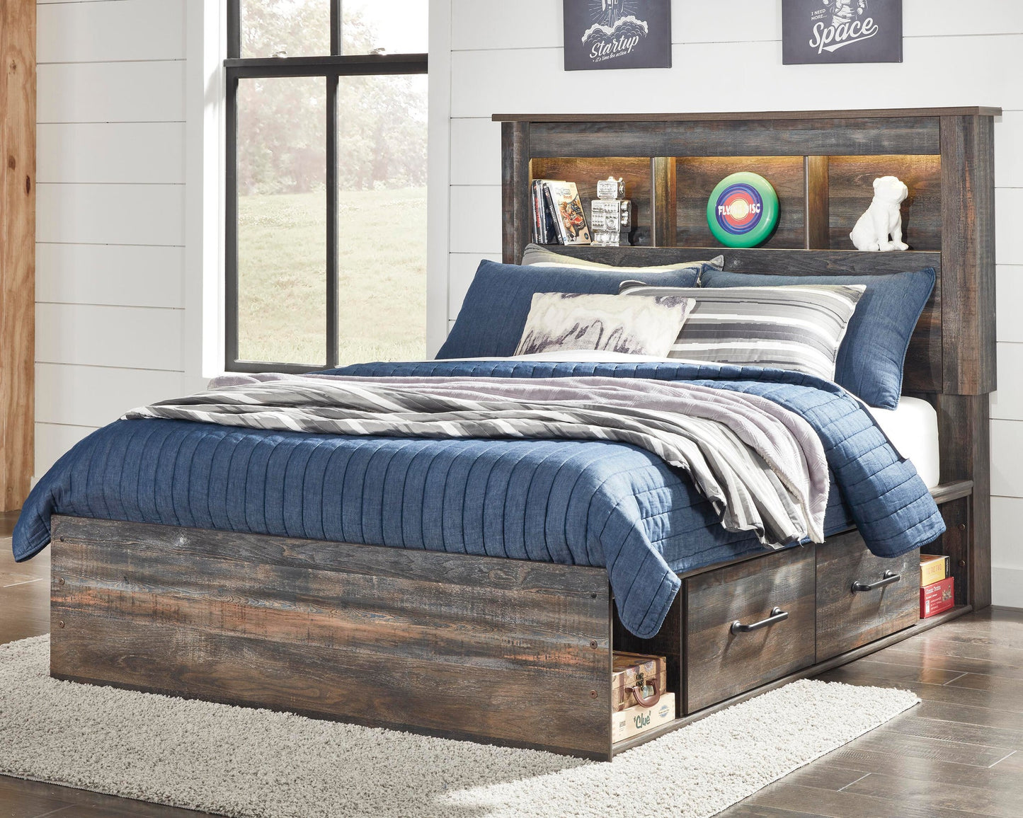 Cama con estantería completa Drystan con 4 cajones de almacenamiento, tocador con espejo, cómoda y mesita de noche
