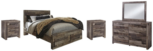 Cama Queen con dos cajones de almacenamiento y tocador con espejo, cómoda y mesita de noche Derekson