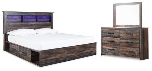 Cama con estantería Drystan King con 4 cajones de almacenamiento y tocador con espejo