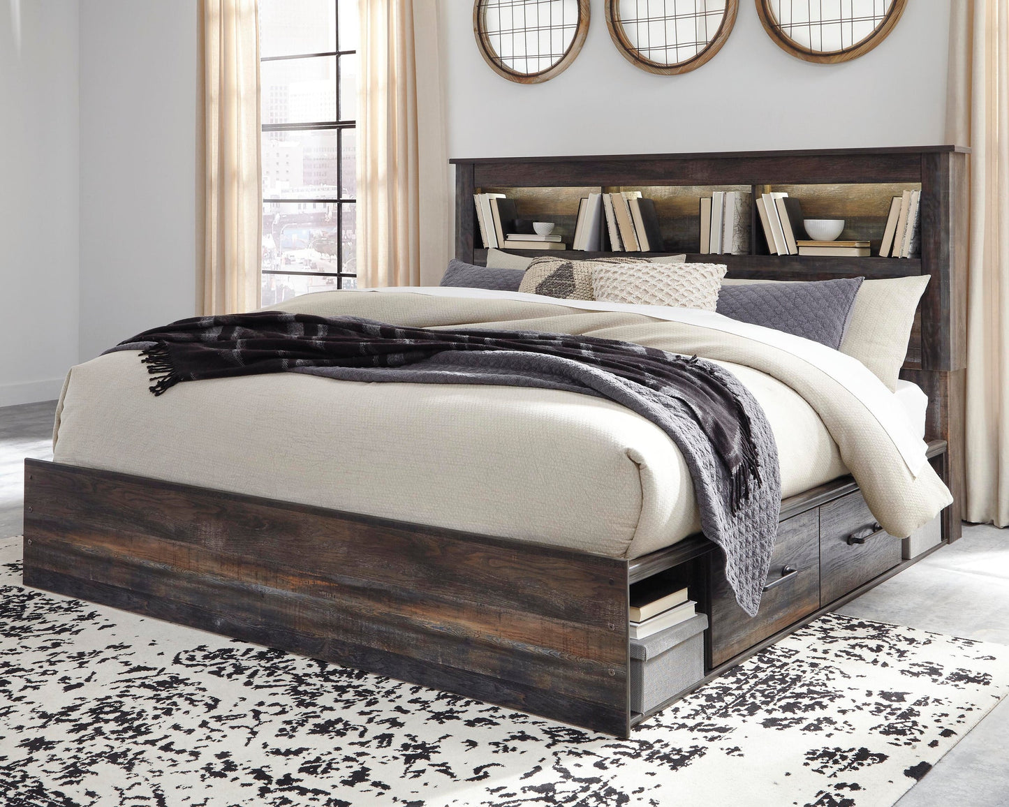 Cama con estantería Drystan King con 4 cajones de almacenamiento y tocador con espejo