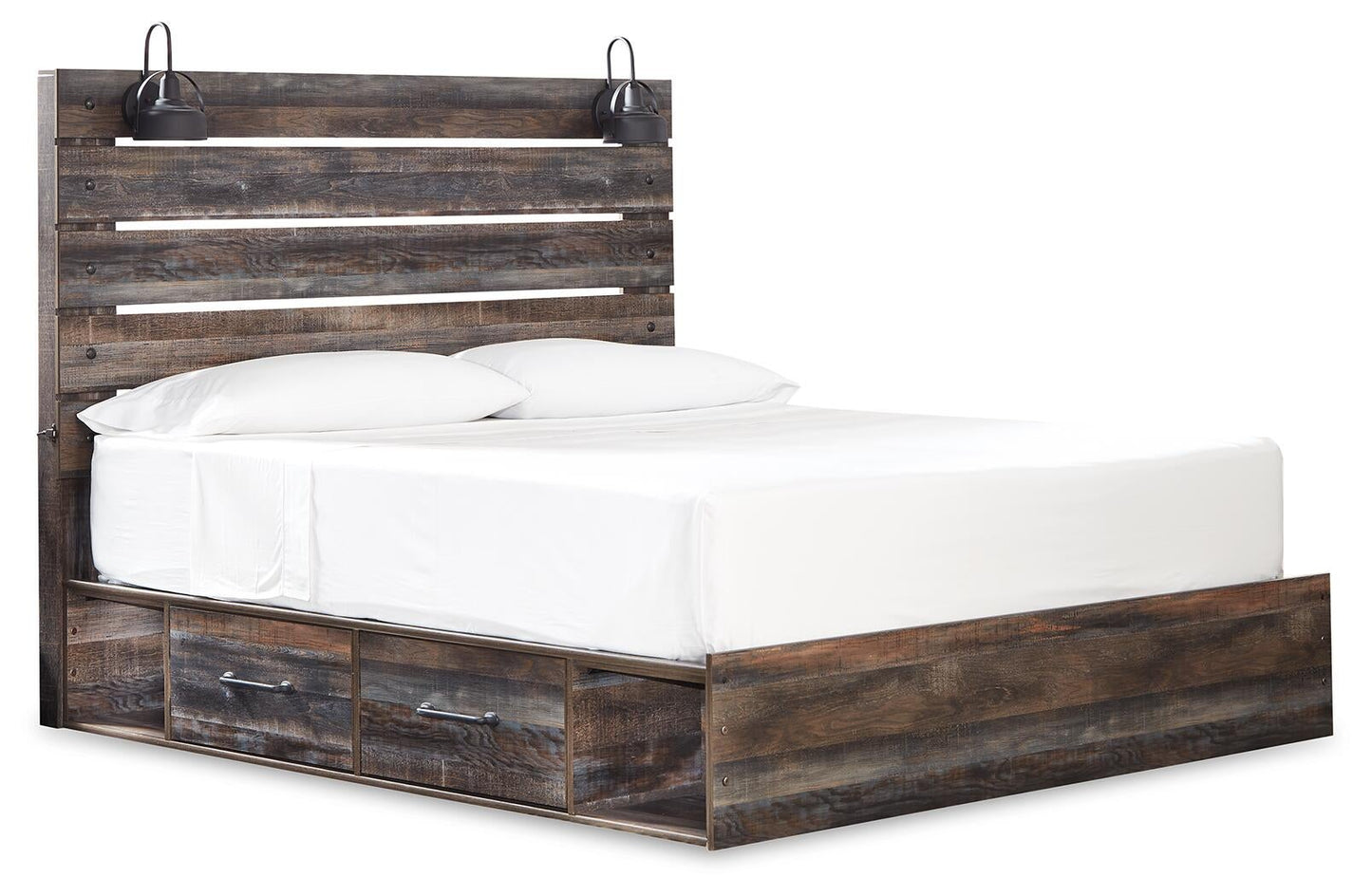 Cama King con 4 cajones de almacenamiento, tocador con espejo, cómoda y mesita de noche Drystan