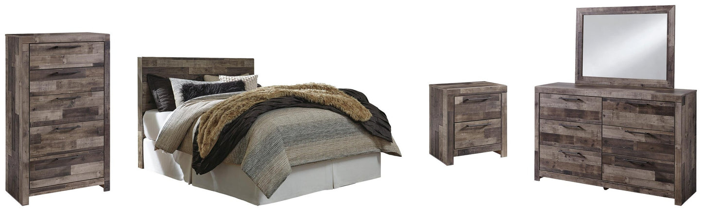 Cabecero de cama tamaño queen o completo Derekson con tocador con espejo, cómoda y mesita de noche