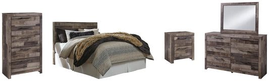 Cabecero de cama tamaño queen o completo Derekson con tocador con espejo, cómoda y mesita de noche