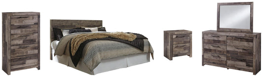 Cabecero de cama con paneles Derekson King con tocador con espejo, cómoda y mesita de noche