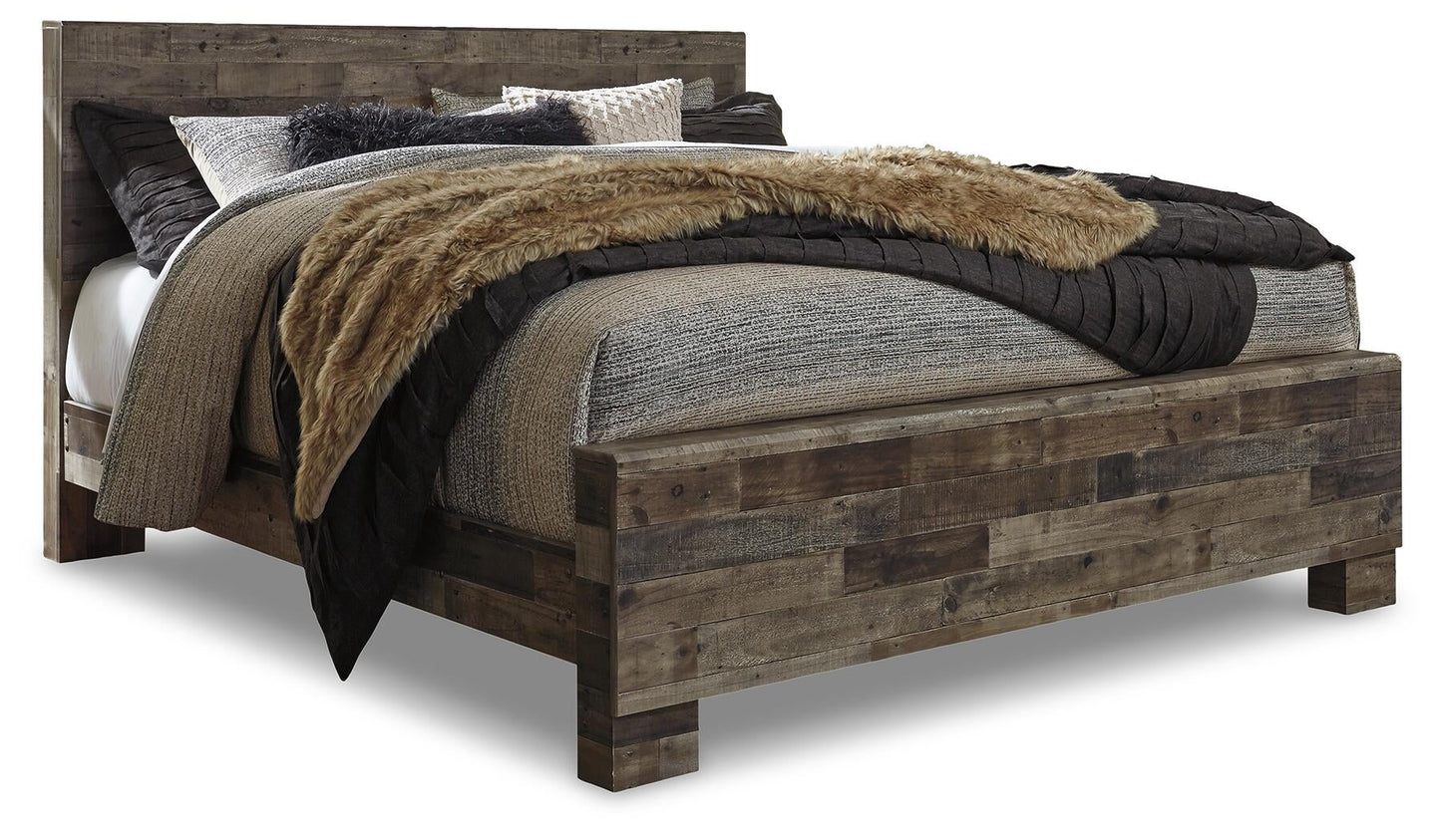 Cama King con paneles Derekson, tocador con espejo, cómoda y mesita de noche