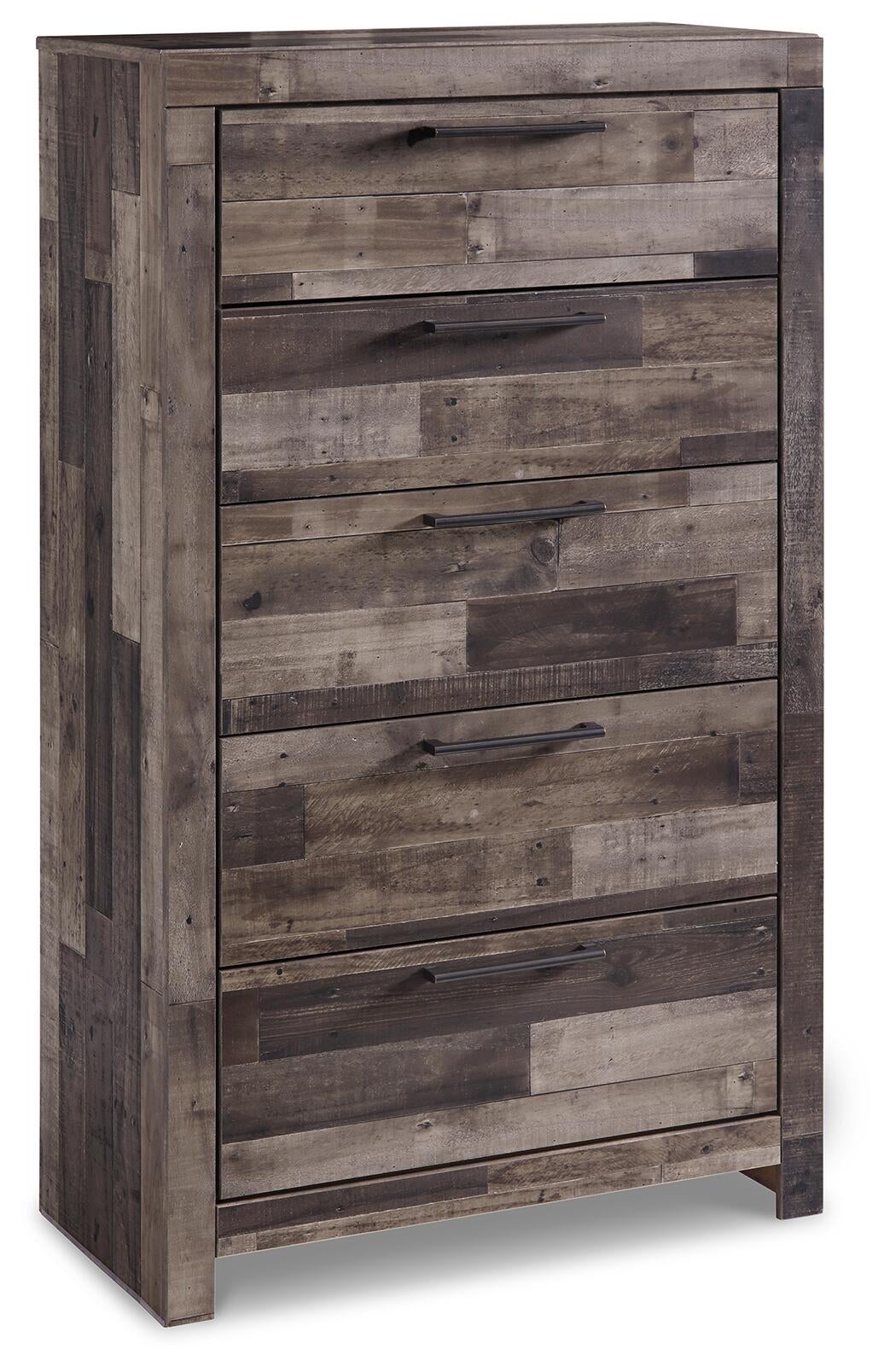 Cama King con paneles Derekson, tocador con espejo, cómoda y mesita de noche