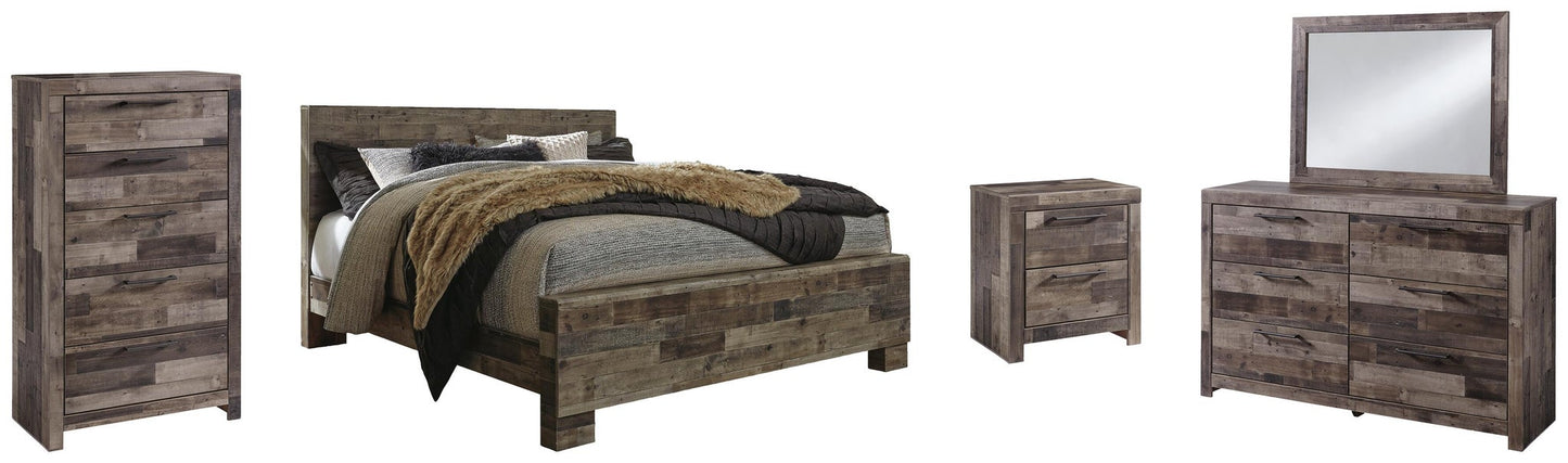 Cama King con paneles Derekson, tocador con espejo, cómoda y mesita de noche