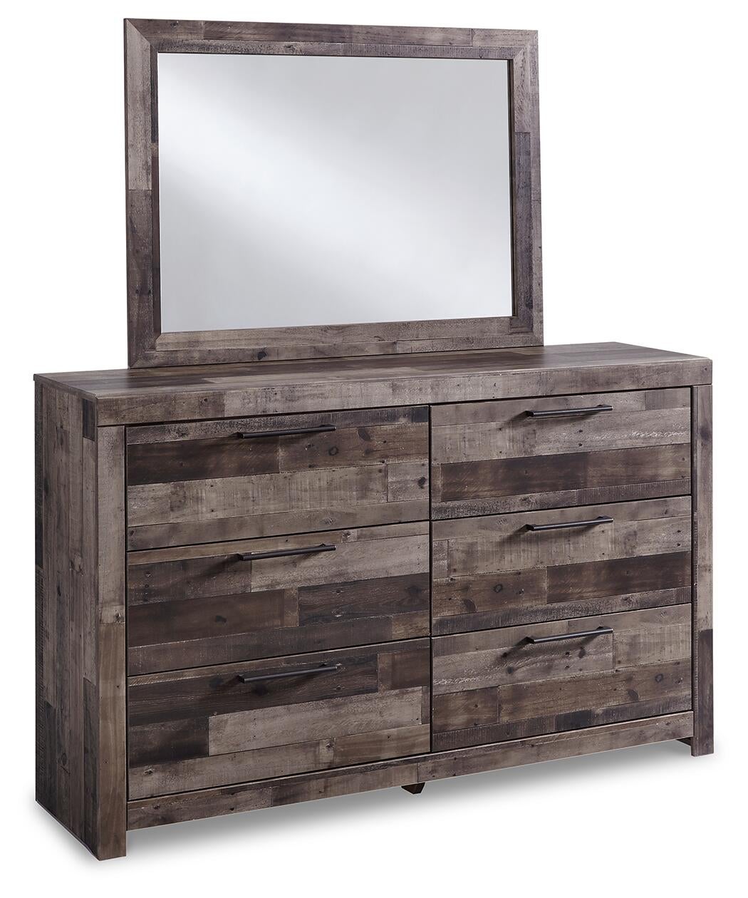 Cama King con 6 cajones de almacenamiento, tocador con espejo, cómoda y mesita de noche Derekson