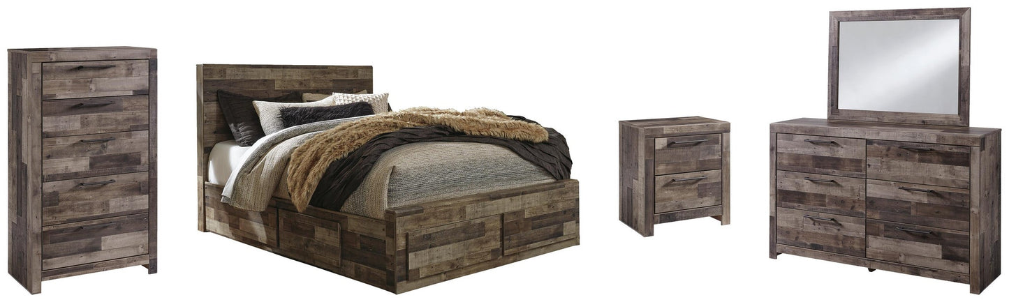 Cama Queen con paneles Derekson con 4 cajones de almacenamiento, tocador con espejo, cómoda y mesita de noche