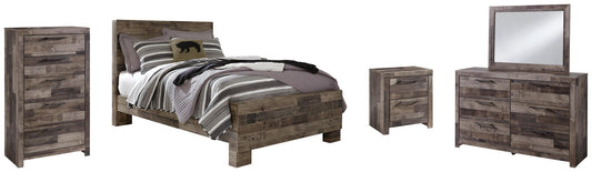 Cama Derekson de dos plazas con tocador con espejo, cómoda y mesita de noche