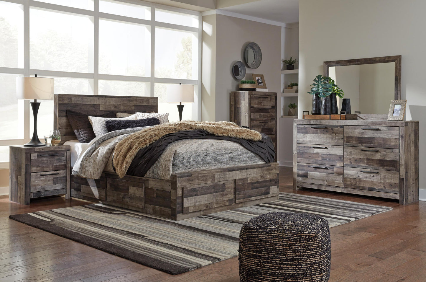 Cama Queen con 6 cajones de almacenamiento, tocador con espejo, cómoda y mesita de noche Derekson
