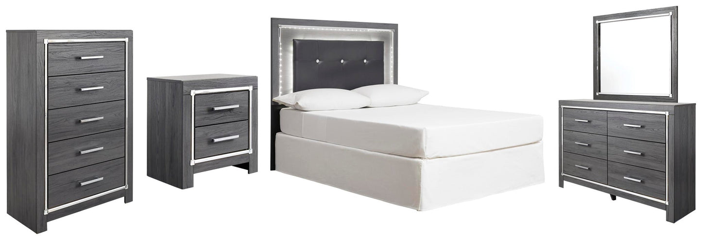 Cabecero de cama tapizado completo Lodanna con tocador con espejo, cómoda y mesita de noche
