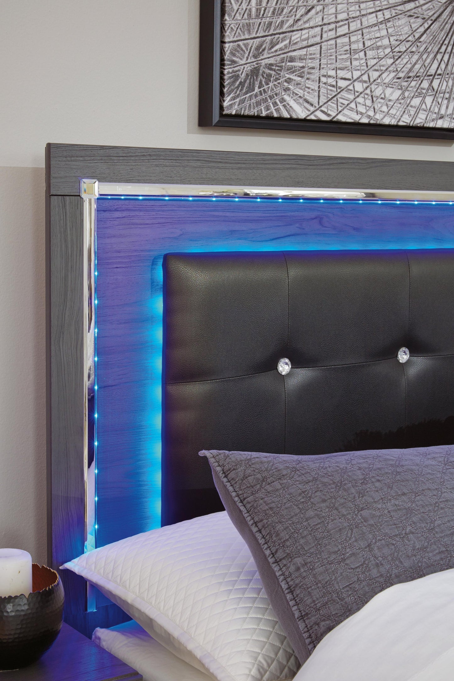 Cabecero de cama tapizado completo Lodanna con tocador con espejo, cómoda y mesita de noche