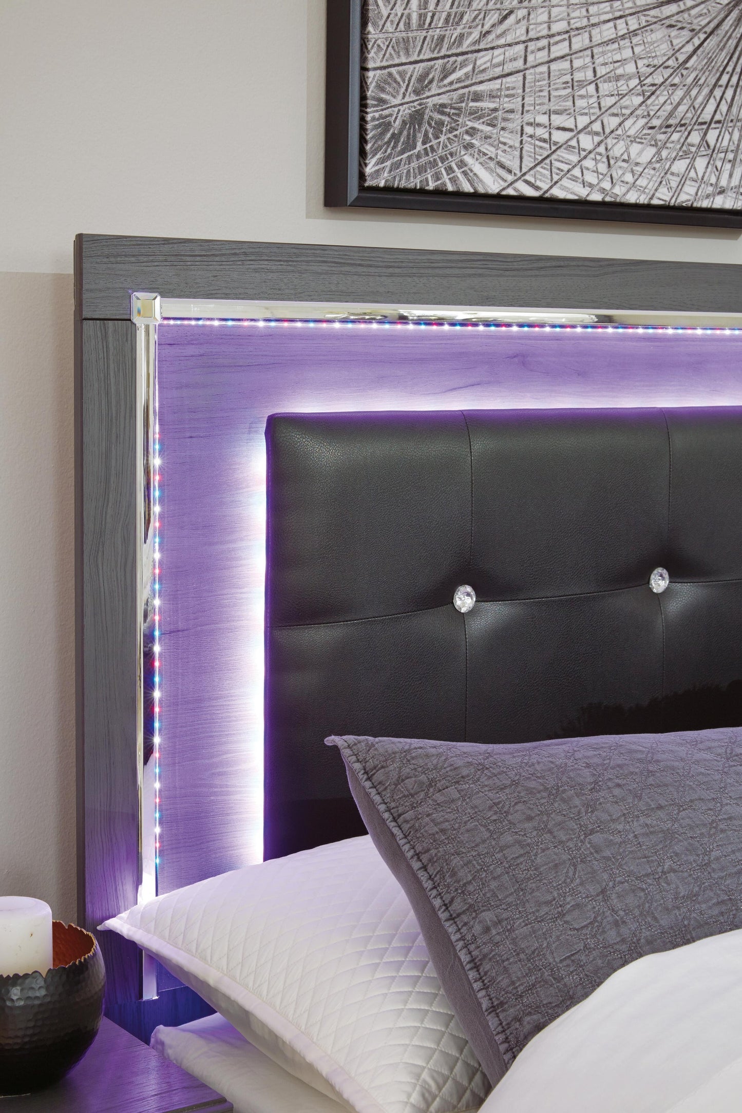 Cabecero de cama tapizado completo Lodanna con tocador con espejo, cómoda y mesita de noche