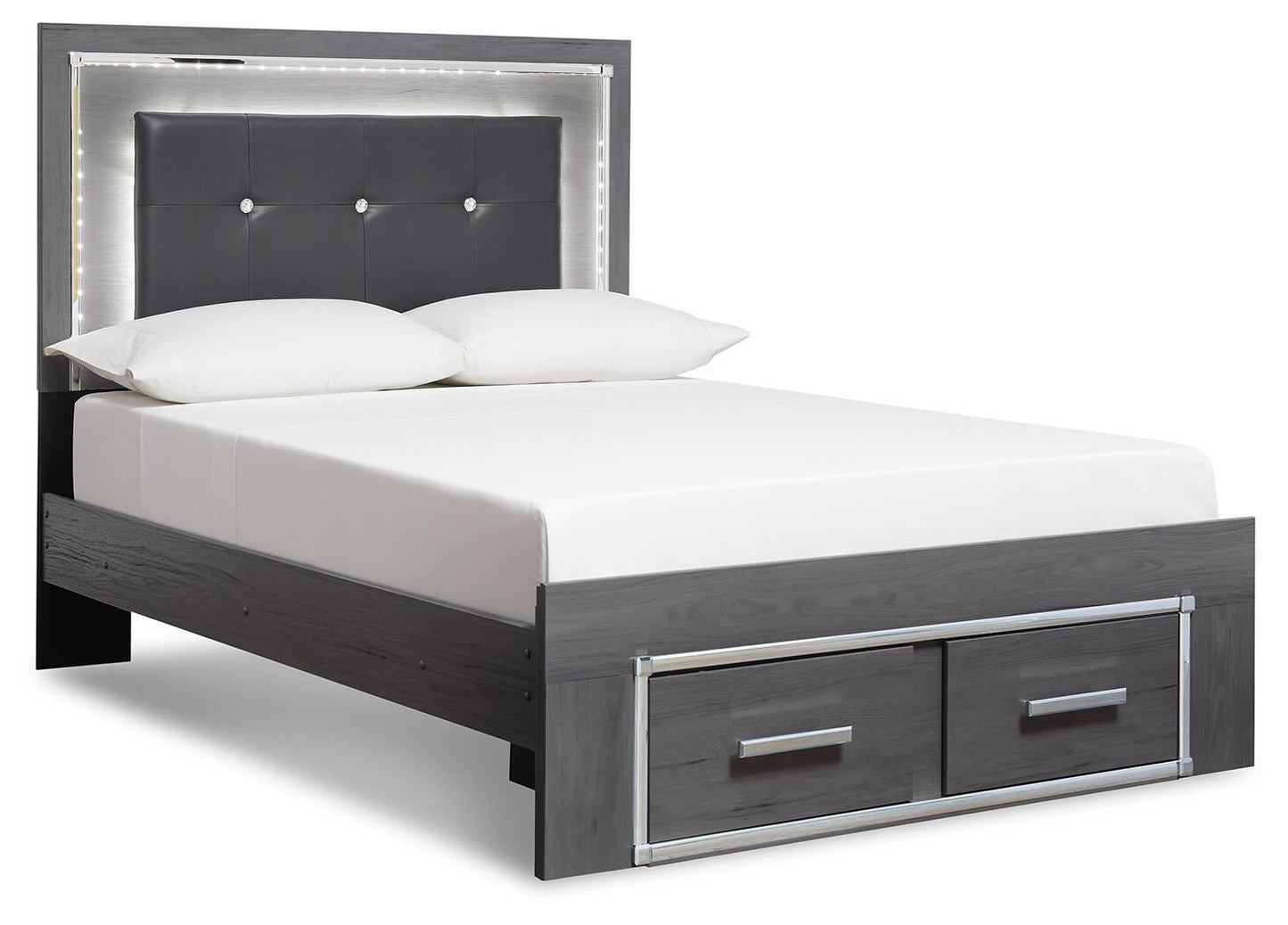 Cama King Lodanna con dos cajones de almacenamiento, tocador con espejo, cómoda y mesita de noche