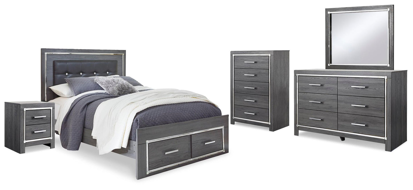Cama Queen Lodanna con 2 cajones de almacenamiento, tocador con espejo, cómoda y mesita de noche