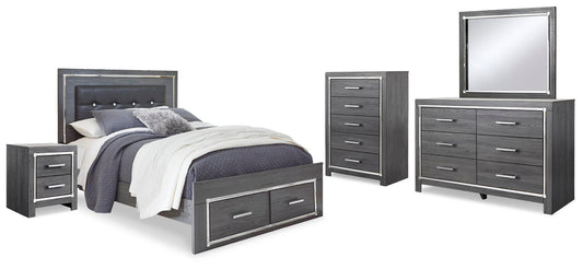 Cama Queen Lodanna con 2 cajones de almacenamiento, tocador con espejo, cómoda y mesita de noche