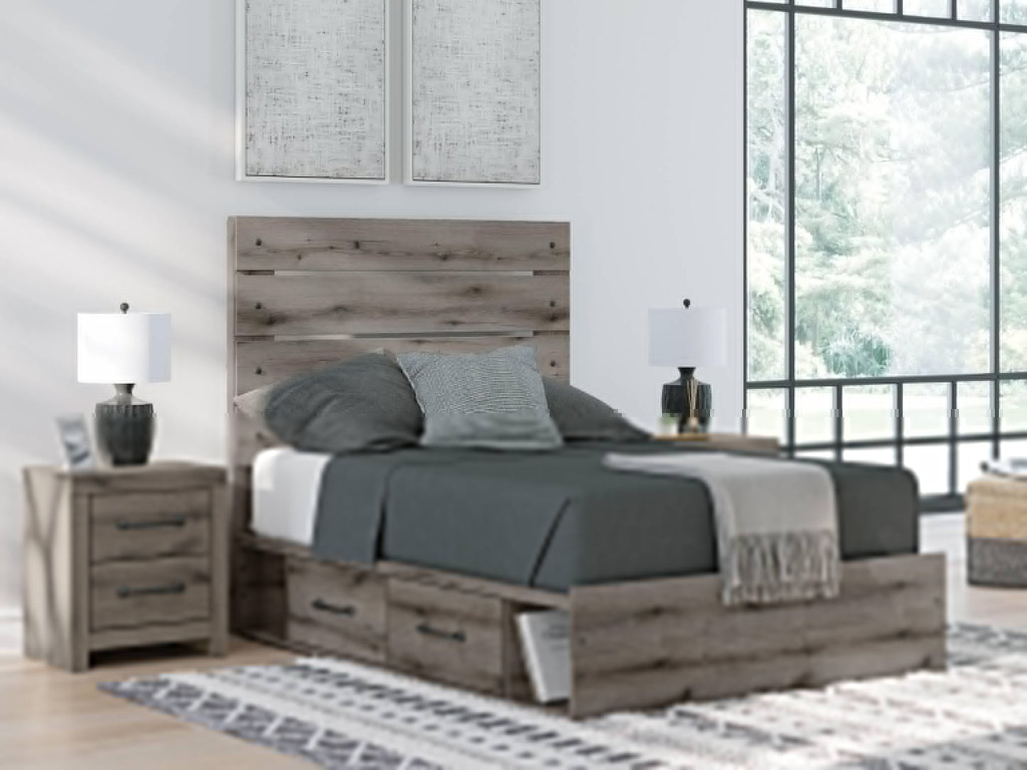 Graystorm Full Panel Bed with Storage, Dresser, Mirror, Chest and Nightstand