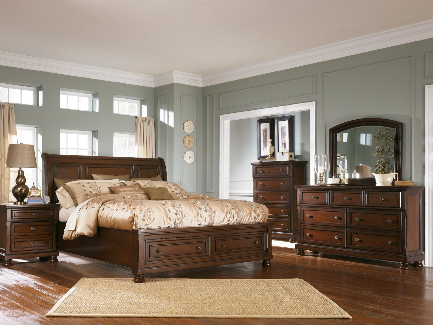Porter  Sleigh Bed With Mirrored Dresser, Chest And Nightstand