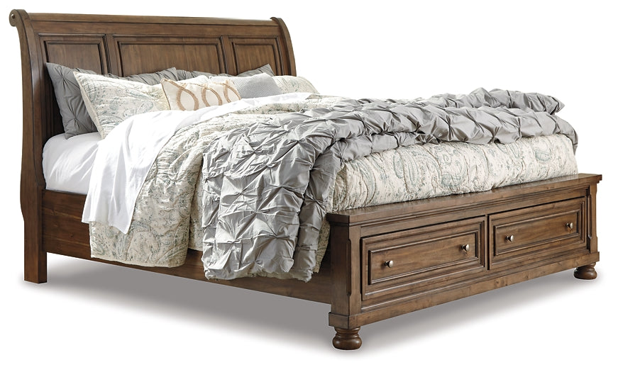 Flynnter Queen Sleigh Bed with 2 Storage Drawers with Mirrored Dresser, Chest and 2 Nightstands