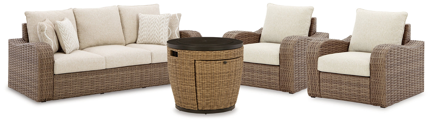 Malayah Outdoor Sofa and 2 Lounge Chairs with Fire Pit Table
