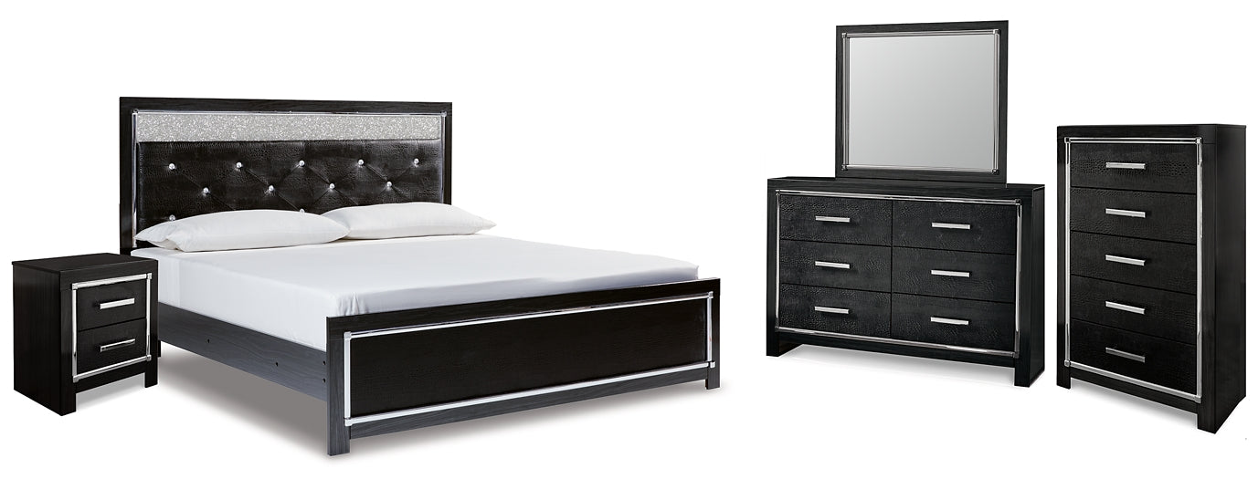 Kaydell King Upholstered Panel Platform Bed with Mirrored Dresser, Chest and Nightstand